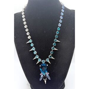 Statement‎ Teal Blue Crystal Spike Necklace Gothic Festival Glam